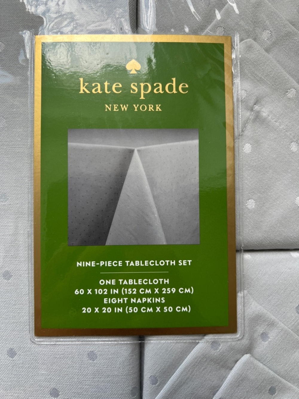 Kate Spade Light Gray Polka Dot Table cloth and (8) linen napkins NWT - Picture 2 of 5